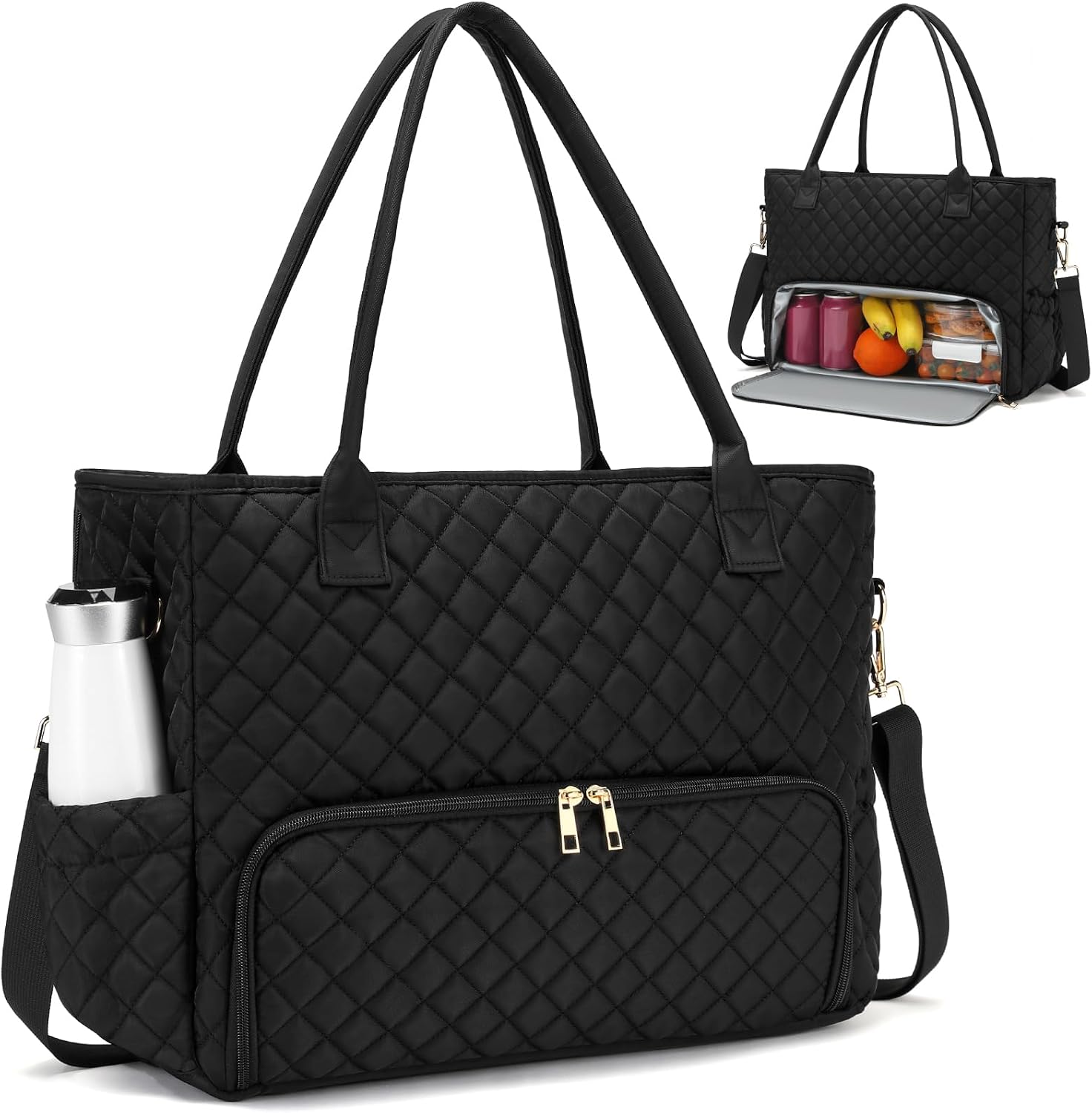 Black quilted insulated lunch and laptop work tote